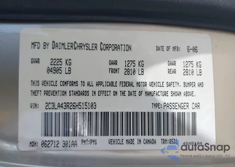 2006 Chrysler 300 z USA, uszkodzony, nr VIN 2C3LA43R26H515103